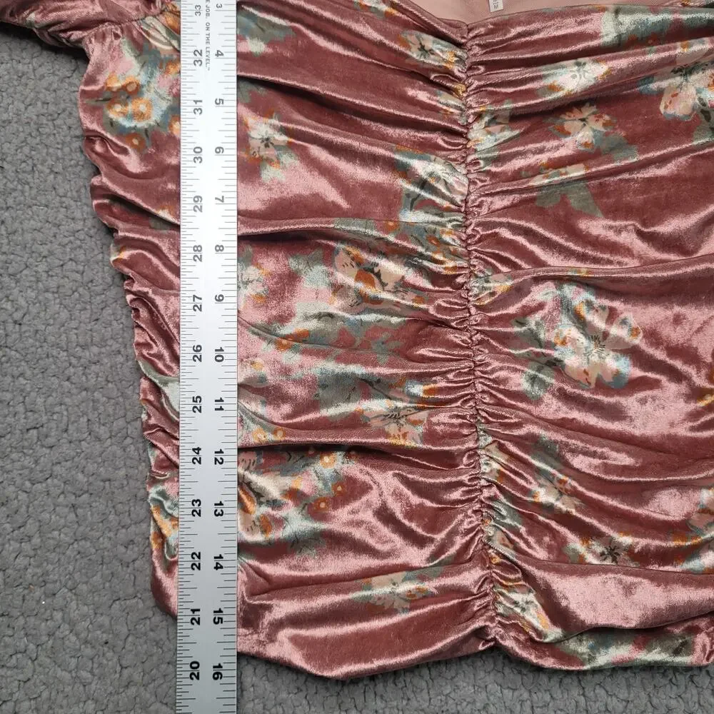 Free People Top Med Pink Velvet Floral Off The Shoulder Ruched Puff Sleeve Reina